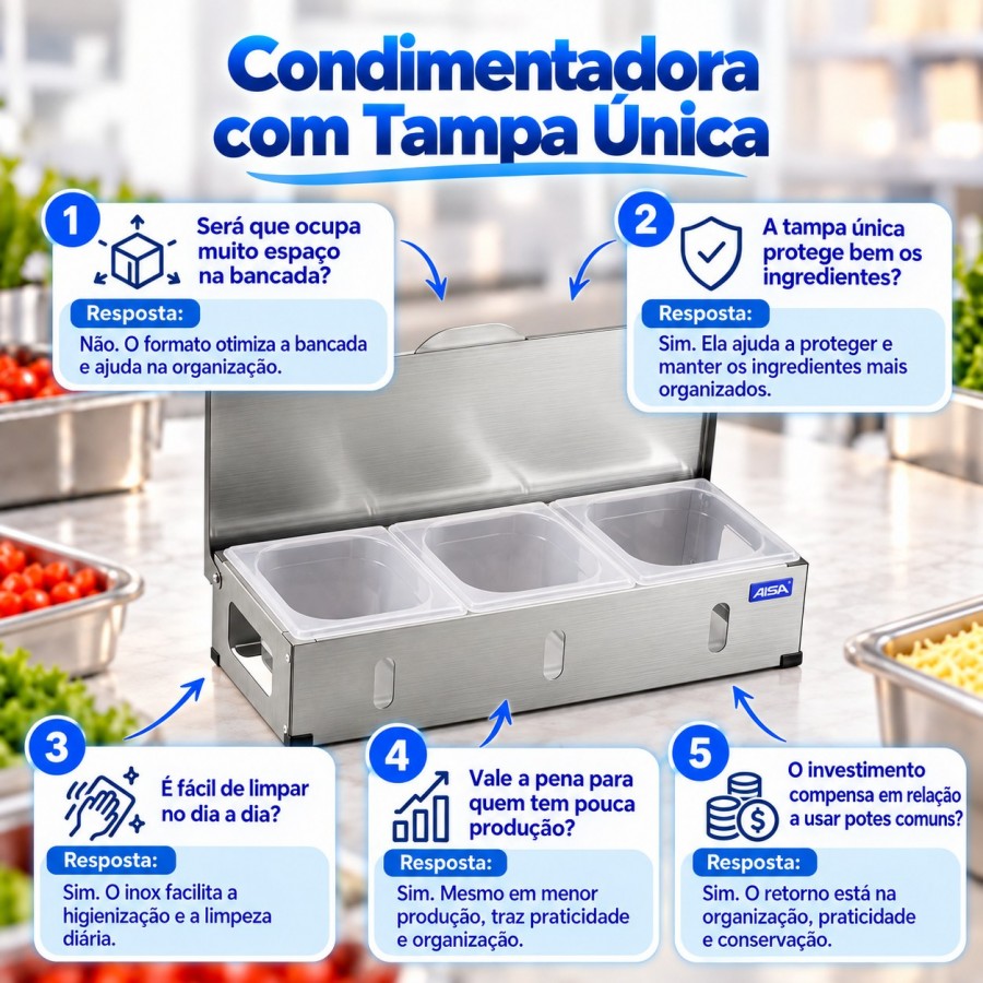 Condimentadora Pizzarola Inox 3 Cubas Acrílico Tampa Reta  - Aisa